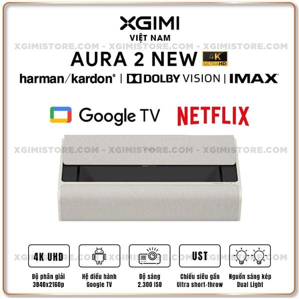 Xgimi Aura 2 New - Máy chiếu siêu gần thông minh tích hợp Google TV, nguồn sáng kép Dual Light 2.0, độ sáng 2300 ISO lumens, phân giải chuẩn 4K UHD, hỗ trợ các tính năng căn chỉnh thông minh, loa Harman Kardon, chuẩn Dolby Vision và IMAX Enhanced