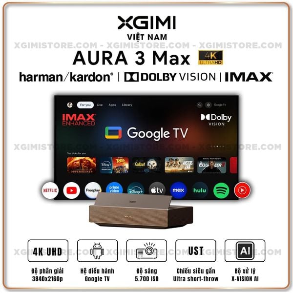 XGIMI AURA 3 Max - Máy chiếu siêu gần thông minh tích hợp Google TV, nguồn sáng RGB Triple-Laser, độ sáng 5700 ISO lumens, phân giải chuẩn 4K UHD, hỗ trợ các tính năng căn chỉnh thông minh, loa Harman Kardon và chuẩn Dolby Vision