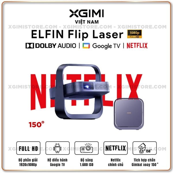 Xgimi Elifn Flip Laser - Máy chiếu thông minh tích hợp Google TV và Netflix chính chủ, sử dụng nguồn sáng Laser, độ sáng 1.600 ISO lumens, độ phân giải chuẩn Full HD cho hình ảnh và màu sắc cực đẹp