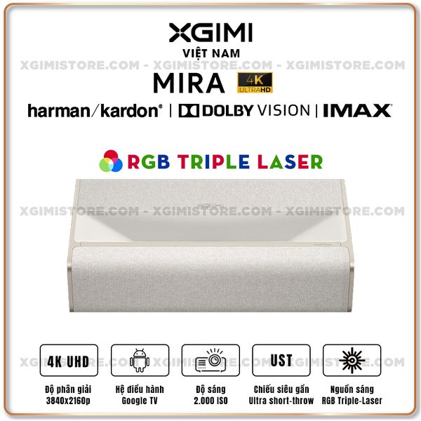 XGIMI MIRA - Máy chiếu siêu gần thông minh tích hợp Google TV, nguồn sáng RGB Triple-Laser, độ sáng 2.000 ISO lumens, phân giải chuẩn 4K UHD, hỗ trợ các tính năng căn chỉnh thông minh, loa Harman Kardon và chuẩn Dolby Vision