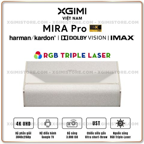 XGIMI MIRA Pro - Máy chiếu siêu gần thông minh tích hợp Google TV, nguồn sáng RGB Triple-Laser, độ sáng 3.000 ISO lumens, phân giải chuẩn 4K UHD, hỗ trợ các tính năng căn chỉnh thông minh, loa Harman Kardon và chuẩn Dolby Vision
