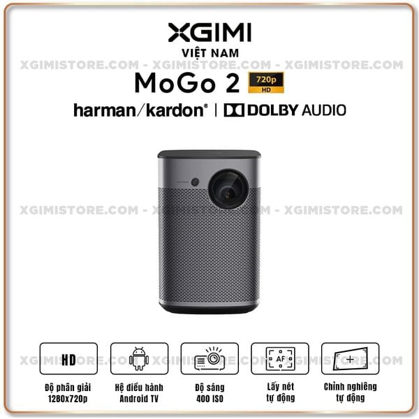 Xgimi Mogo 2 - Máy chiếu di động thông minh tích hợp hệ điều hành Android TV, độ sáng 400 ISO lumens, độ phân giải chuẩn HD 720p, thiết kế nhỏ gọn và tích hợp loa Harman Kardon