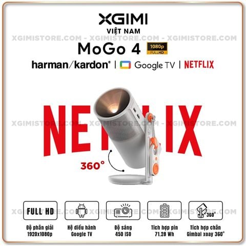 Xgimi Mogo 4 - Máy chiếu di động thông minh tích hợp Google TV & Netflix bản quyền, độ sáng 450 ISO lumens, độ phân giải chuẩn Full HD, thiết kế chân Gimbal xoay 360 độ linh hoạt và Pin tích hợp 71.28Wh