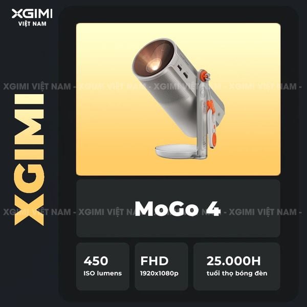 XGIMI MoGo 4 - Máy chiếu di động thông minh tích hợp Google TV & Netflix bản quyền, độ sáng 450 ISO lumens, độ phân giải chuẩn Full HD, thiết kế chân Gimbal xoay 360 độ linh hoạt và Pin tích hợp 71.28Wh