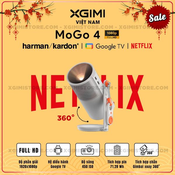 Xgimi Mogo 4 - Máy chiếu di động thông minh tích hợp Google TV & Netflix bản quyền, độ sáng 450 ISO lumens, độ phân giải chuẩn Full HD, thiết kế chân Gimbal xoay 360 độ linh hoạt và Pin tích hợp 71.28Wh