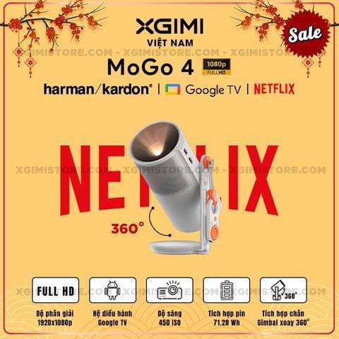 Xgimi Mogo 4 - Máy chiếu di động thông minh tích hợp Google TV & Netflix bản quyền, độ sáng 450 ISO lumens, độ phân giải chuẩn Full HD, thiết kế chân Gimbal xoay 360 độ linh hoạt và Pin tích hợp 71.28Wh