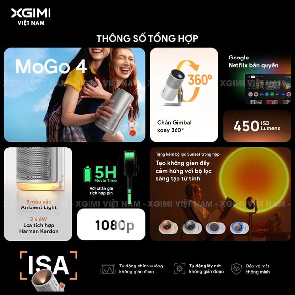 XGIMI MoGo 4 - Máy chiếu di động thông minh tích hợp Google TV & Netflix bản quyền, độ sáng 450 ISO lumens, độ phân giải chuẩn Full HD, thiết kế chân Gimbal xoay 360 độ linh hoạt và Pin tích hợp 71.28Wh