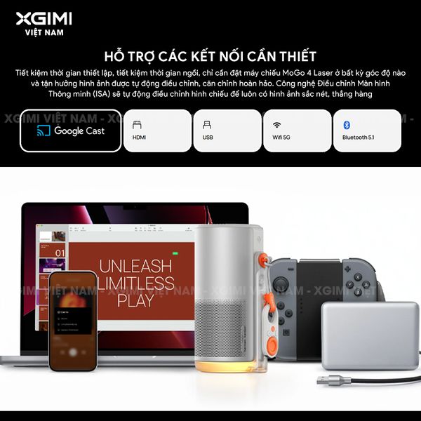 XGIMI MoGo 4 Laser - Máy chiếu di động thông minh tích hợp Google TV & Netflix bản quyền, độ sáng 550 ISO lumens, độ phân giải chuẩn Full HD, thiết kế chân Gimbal xoay 360 độ linh hoạt và Pin tích hợp 71.28Wh