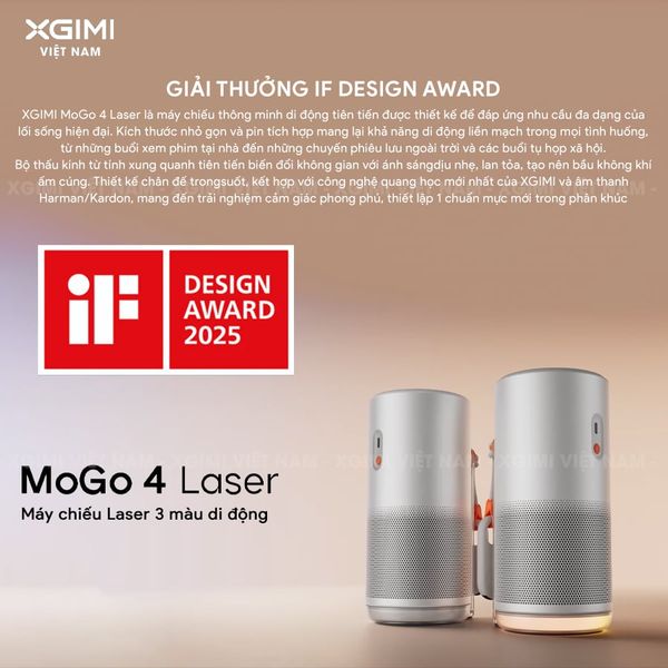 XGIMI MoGo 4 Laser - Máy chiếu di động thông minh tích hợp Google TV & Netflix bản quyền, độ sáng 550 ISO lumens, độ phân giải chuẩn Full HD, thiết kế chân Gimbal xoay 360 độ linh hoạt và Pin tích hợp 71.28Wh