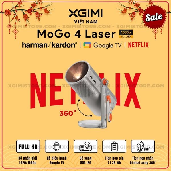 Xgimi Mogo 4 Laser - Máy chiếu di động thông minh tích hợp Google TV & Netflix bản quyền, độ sáng 550 ISO lumens, độ phân giải chuẩn Full HD, thiết kế chân Gimbal xoay 360 độ linh hoạt và Pin tích hợp 71.28Wh
