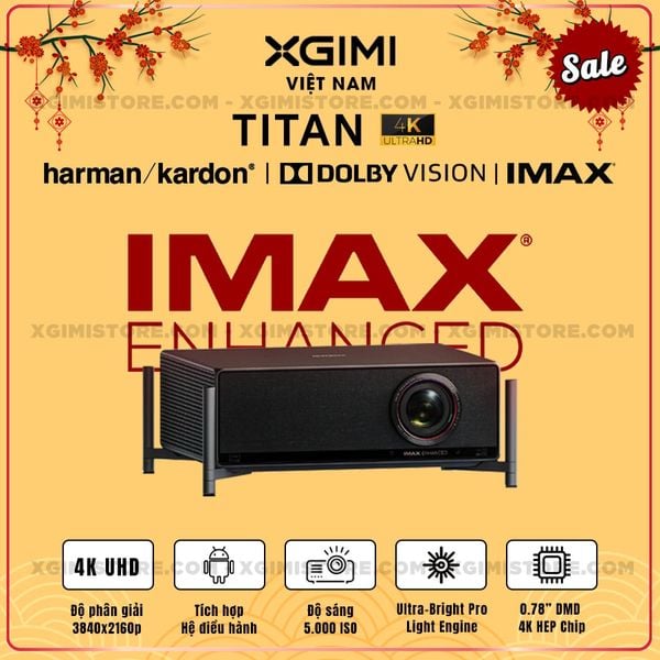 Xgimi Titan - Máy chiếu 4K chuyên nghiệp đầu tiên của Xgimi, sử dụng công nghệ Laser kép cao cấp, độ phân giải chuẩn 4K UHD, độ sáng 5000 ISO Lumens, tương phản 5.000.000:1, đạt chứng nhận IMAX Enhanced & Dolby Vision và tích hợp loa Harman Kardon