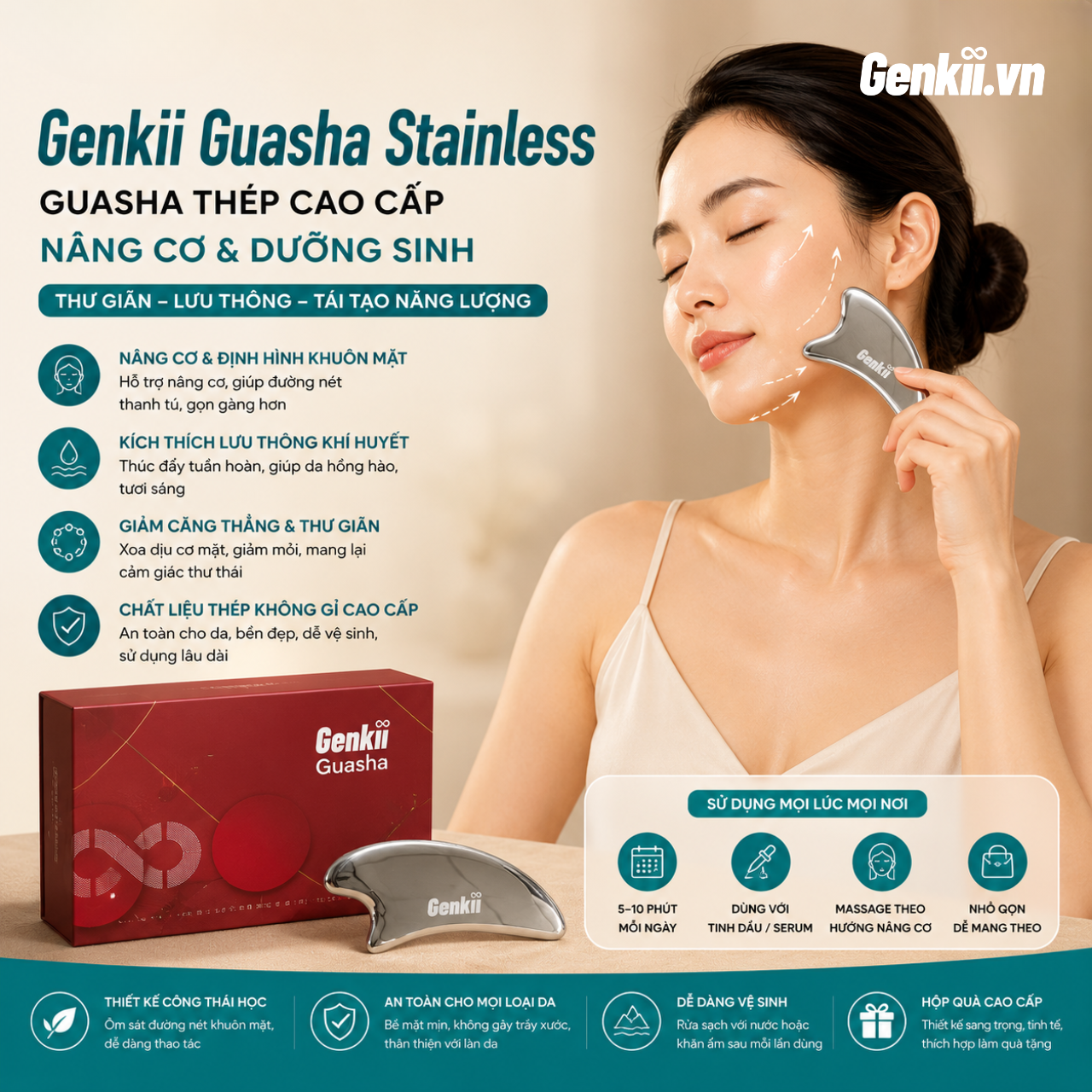  Genkii Guasha Stainless - Guasha thép cao cấp - nâng cơ & dưỡng sinh 