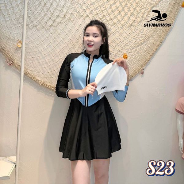 S23 - Bộ bơi nữ Swimbros cao cấp tay dài kiểu váy, chống nắng, form đẹp, mặc thoải mái
