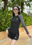  S34 Bộ Đồ Bơi Nữ Thể Thao 2 Mảnh - Áo Dài Tay Chống Nắng Phối Quần Đùi Kép (Đen phối Xám/Xanh) 