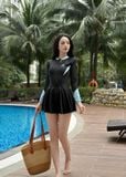  S35 Váy Bơi Thể Thao Nữ Dài Tay - Có Khóa Zip Kháng Tia UV Tôn Dáng (Đen Phối Xanh Biển/Đen Phối Trắng) 