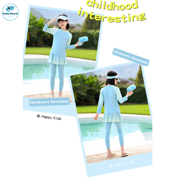 G49 -  Set Đồ Bơi Bé Gái Tay Dài Quần Dài Váy SHELLS  Màu Xanh – Chống Nắng, Co Giãn, Nhanh Khô