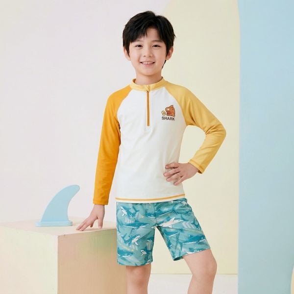 T22 - Set Bơi Tay Dài Quần Đùi Bé Trai Có Khoá Kéo - Baby Shark