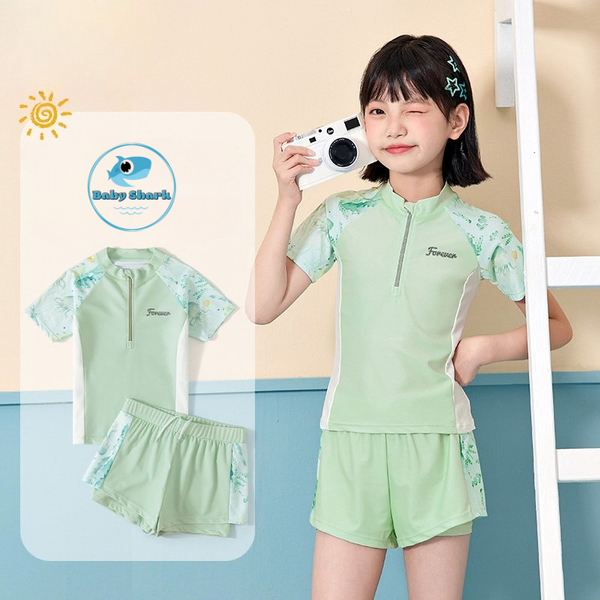 G101 - Bộ Đồ Bơi Thể Thao Bé Gái- Áo Tay Ngắn Kèm Quần Rời, Chất Thun Co Giãn