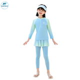  G49 -  Set Đồ Bơi Bé Gái Tay Dài Quần Dài Váy SHELLS  Màu Xanh – Chống Nắng, Co Giãn, Nhanh Khô 