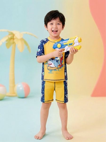 T32 set bơi bé trai tay ngắn quần đùi cá mập vàng