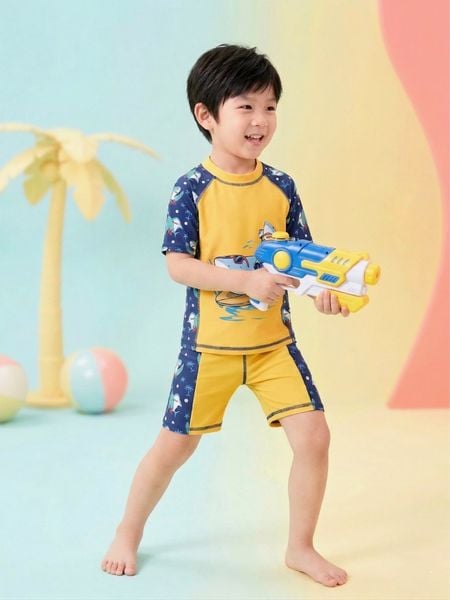 T32 set bơi bé trai tay ngắn quần đùi cá mập vàng
