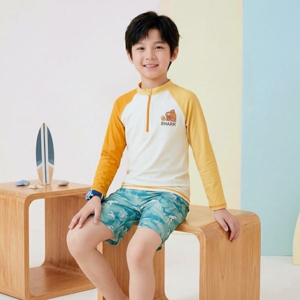 T22 - Set Bơi Tay Dài Quần Đùi Bé Trai Có Khoá Kéo - Baby Shark