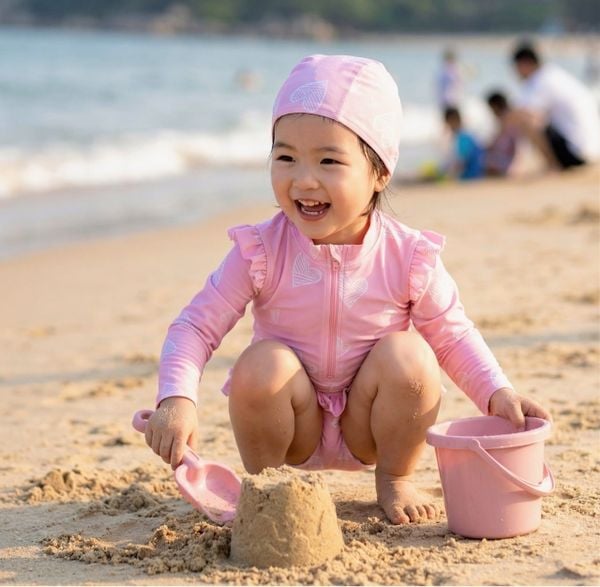 G15 - Bộ Đồ Bơi Bé Gái Dài Tay Họa Tiết Tim Hồng (Kèm Mũ)