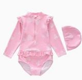  G15 - Bộ Đồ Bơi Bé Gái Dài Tay Họa Tiết Tim Hồng (Kèm Mũ) 