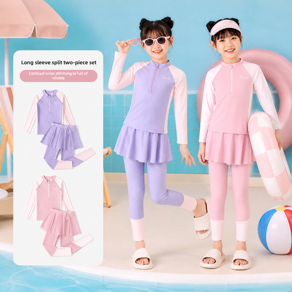 G31 - Set Đồ Bơi Bé Gái Dài Tay Kèm Váy Liền Quần Legging Chống Nắng UV