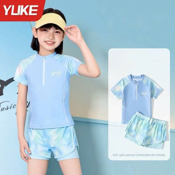 G39 - Đồ Bơi Bé Gái Tay Ngắn Quần Short Màu Xanh Pastel Chống Nắng Co Giãn