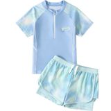  G39 - Đồ Bơi Bé Gái Tay Ngắn Quần Short Màu Xanh Pastel Chống Nắng Co Giãn 