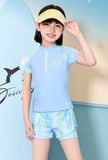 G39 - Đồ Bơi Bé Gái Tay Ngắn Quần Short Màu Xanh Pastel Chống Nắng Co Giãn 