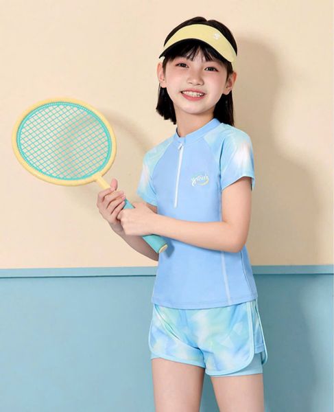 G39 - Đồ Bơi Bé Gái Tay Ngắn Quần Short Màu Xanh Pastel Chống Nắng Co Giãn