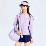  G61-Đồ bơi bé gái tay dài 2 mảnh chống nắng, áo khóa kéo quần short màu tím xanh 