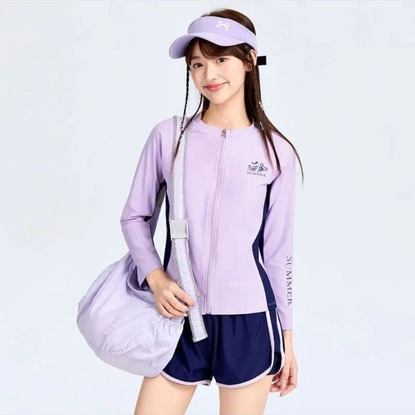 G61-Đồ bơi bé gái tay dài 2 mảnh chống nắng, áo khóa kéo quần short màu tím xanh