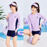  G61-Đồ bơi bé gái tay dài 2 mảnh chống nắng, áo khóa kéo quần short màu tím xanh 