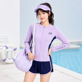  G61-Đồ bơi bé gái tay dài 2 mảnh chống nắng, áo khóa kéo quần short màu tím xanh 