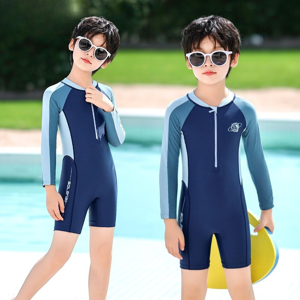 T8 - Bộ bơi liền thân cho bé trai dài tay, chất thun lạnh co giãn, chống tia UV phong cách thể thao