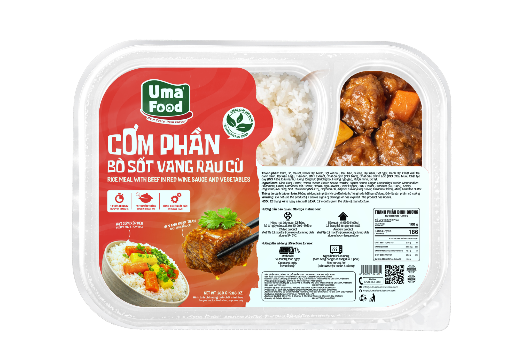  Cơm Phần Bò Sốt Vang Rau Củ Ăn Liền Uma' Food 280G 