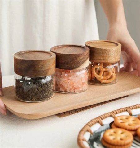 Hũ thủy tinh tròn nắp gỗ lõm vặn