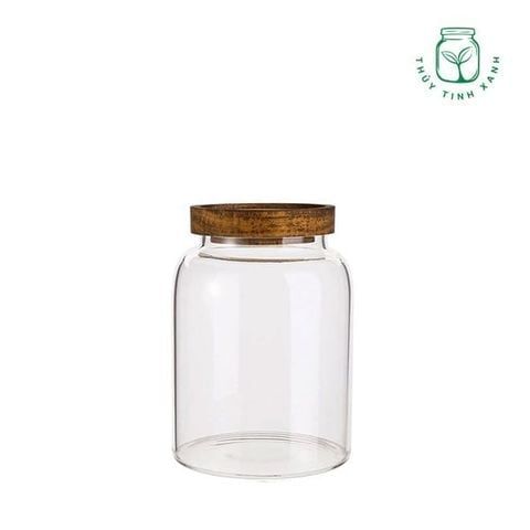 Hũ thủy tinh tròn nắp gỗ lõm nhấn - 1250ml