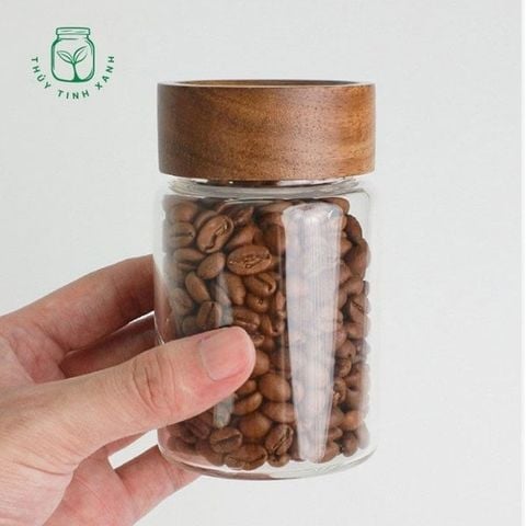 Hũ thủy tinh tròn nắp gỗ lõm vặn