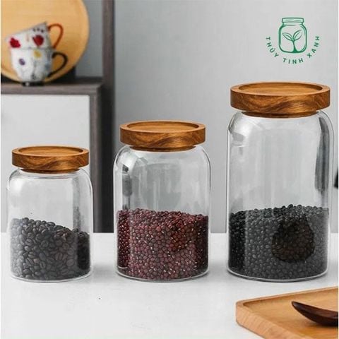 Hũ thủy tinh tròn nắp gỗ lõm nhấn - 1250ml