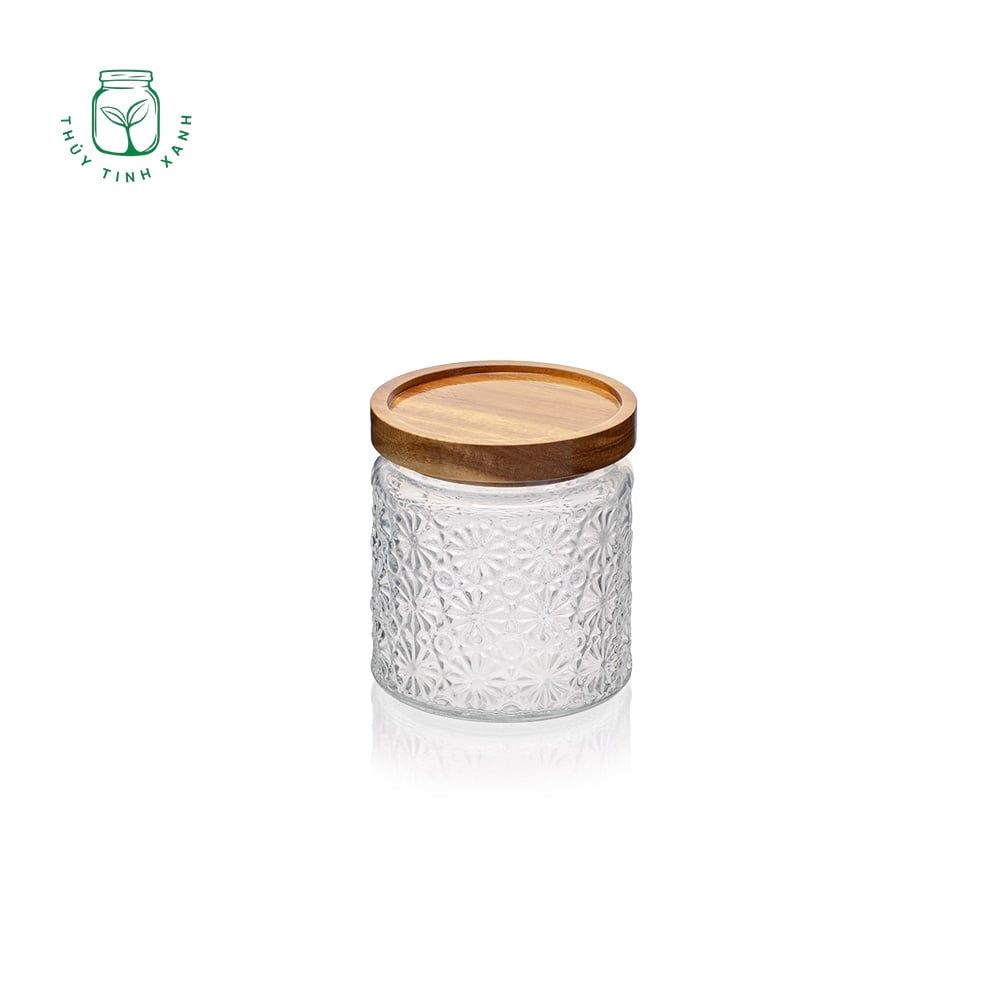 Hũ trụ tròn phong cách Vintage họa tiết nổi hoa cúc nắp gỗ nhấn kin