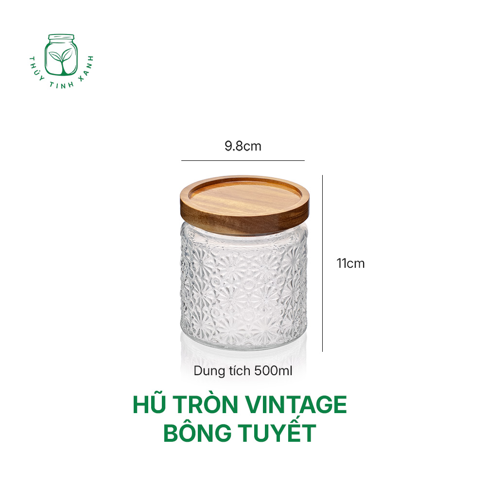 Hũ trụ tròn phong cách Vintage họa tiết nổi hoa cúc nắp gỗ nhấn kin