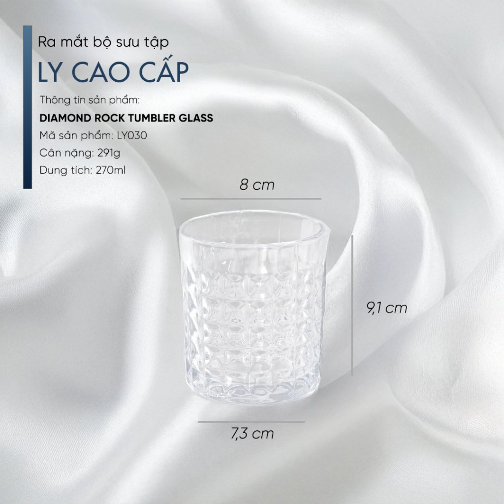 Ly Thủy Tinh Whisky Diamond Rock Tumbler Glass 270ml LYNOIR – Tặng Đế Lót Ly Gỗ Khắc Miễn Phí