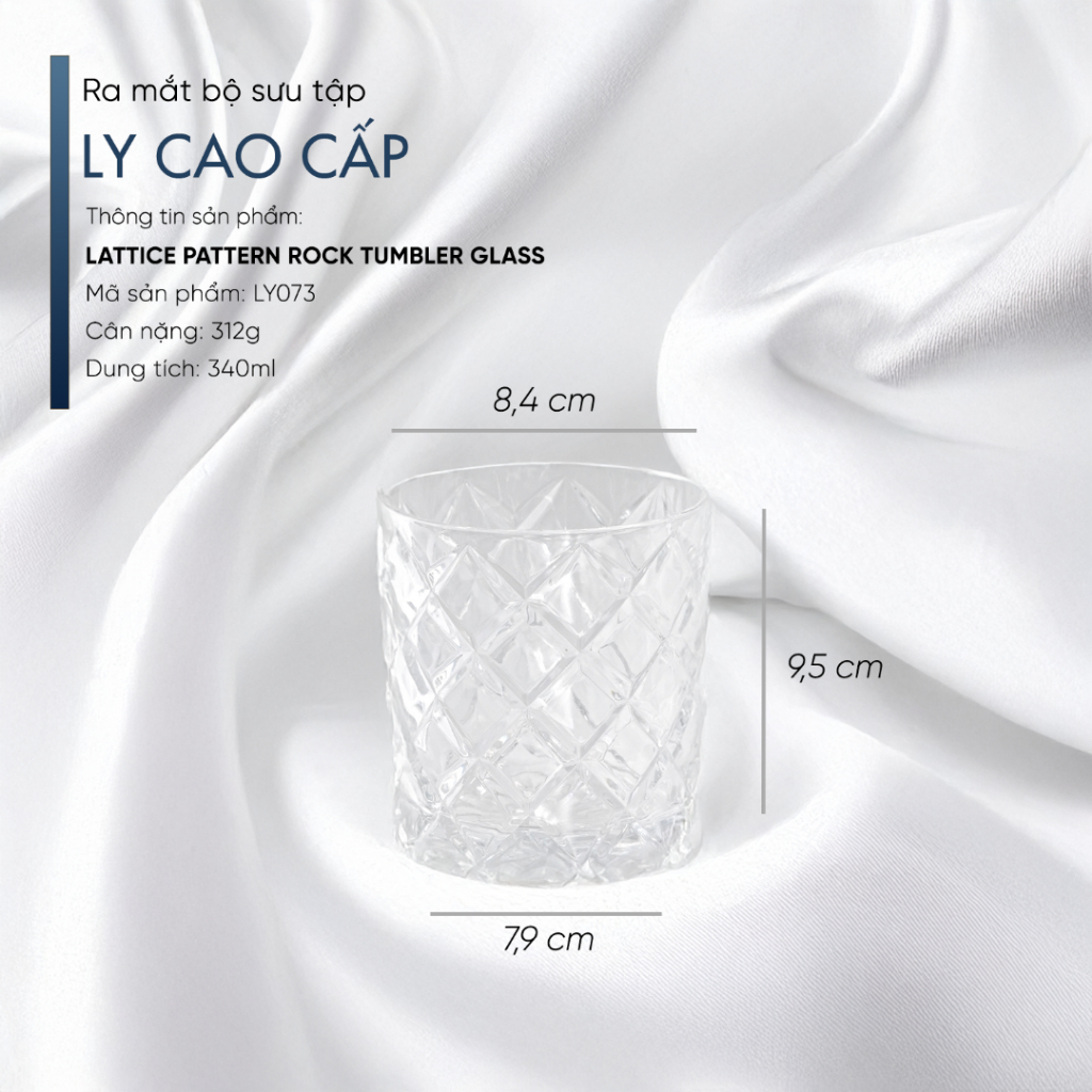 Ly Thủy Tinh Whisky Lattice Pattern Rock Tumbler Glass 340ml [LYNOIR] – Tặng Đế Lót Ly Gỗ Khắc Miễn Phí