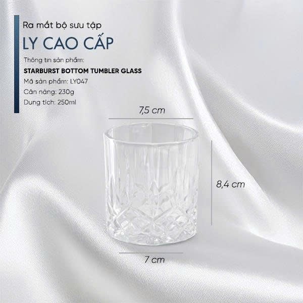 Ly Thủy Tinh Whisky Starburst Bottom Tumbler Glass 250ml [LYNOIR] – Tặng Đế Lót Ly Gỗ Khắc Miễn Phí