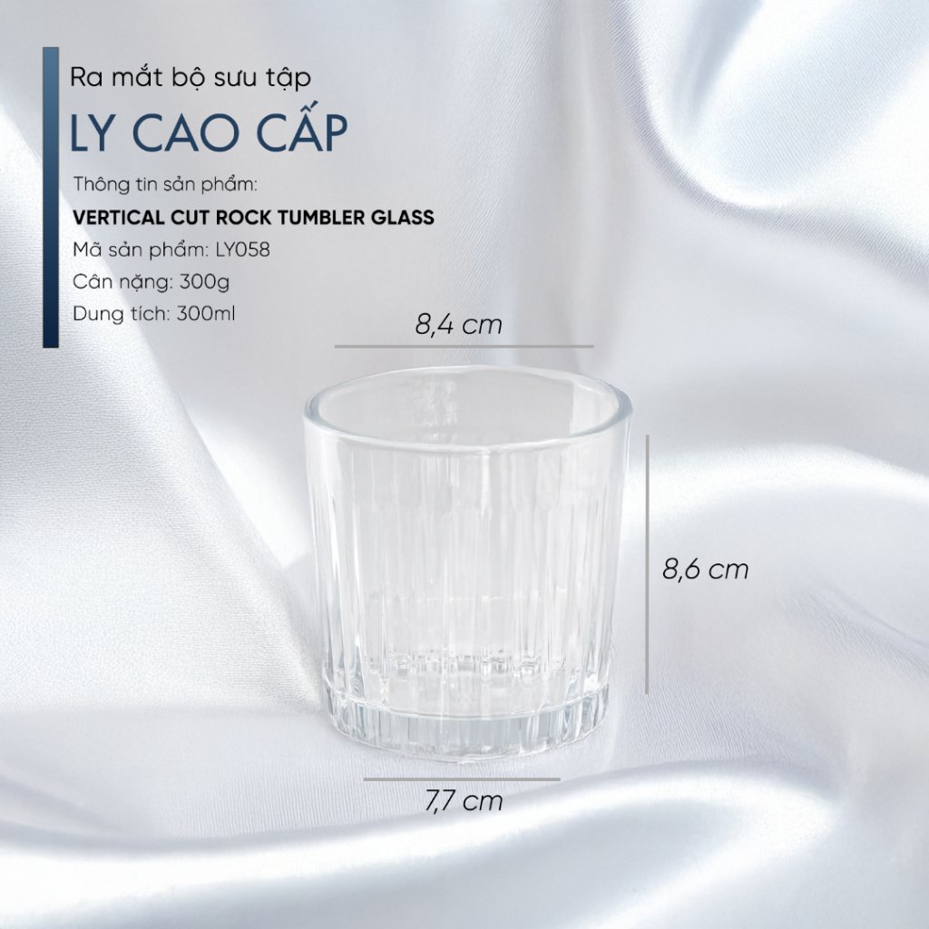 Ly Thủy Tinh Whisky Vertical Cut Rock Tumbler Glass 300ml LYNOIR – Tặng Đế Lót Ly Gỗ Khắc Miễn Phí