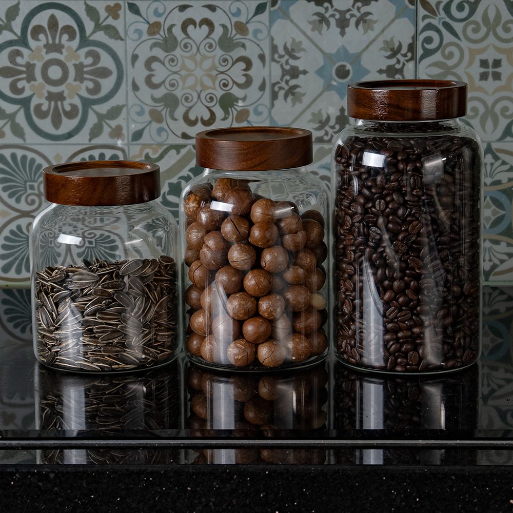 Hũ thủy tinh tròn nắp gỗ lõm vặn